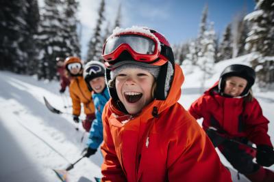 winter sports safety kids on snow with helmets