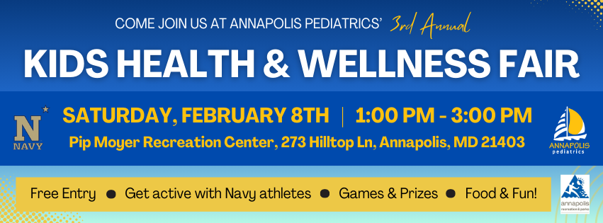 kids healthy and wellness fair event banner feb 8 2025 free food education exercise fun navy football soccer field hockey womens mens sports active play teens